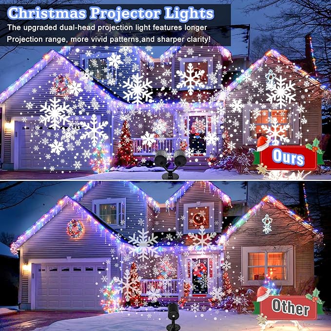 Christmas Snowflake Projector Lights Outdoor Waterproof 2025 Upgraded Double Head Dynamic Rotating Snowflake Projector for Halloween Xmas Holiday Party Gardens Wall Decoration