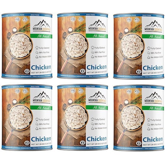 MOUNTAIN ESSENTIALS Fully Cooked Canned Chicken 28 Oz – White Meat for Daily Meals, Camping & Emergency Food – Great for Snack, Lunch, Dinner Recipes – 5-Year Shelf Life – Made in USA – Pack of 6