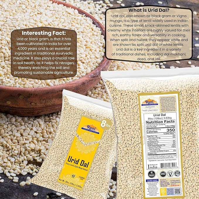 Rani Urid/Urad Dal (Split Matpe Beans Skinless) Indian Lentils 128oz (8lbs) 3.63kg Bulk ~ All Natural | Gluten Friendly | Non-GMO | Kosher | Vegan | Indian Origin