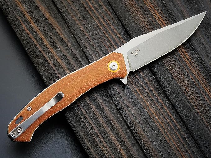 Sitivien ST112 Folding Knife, D2 Blade and Micarta Handle EDC Tool Knife with Pocket Clip for Outdoor Camping Hiking Survival(Brown)