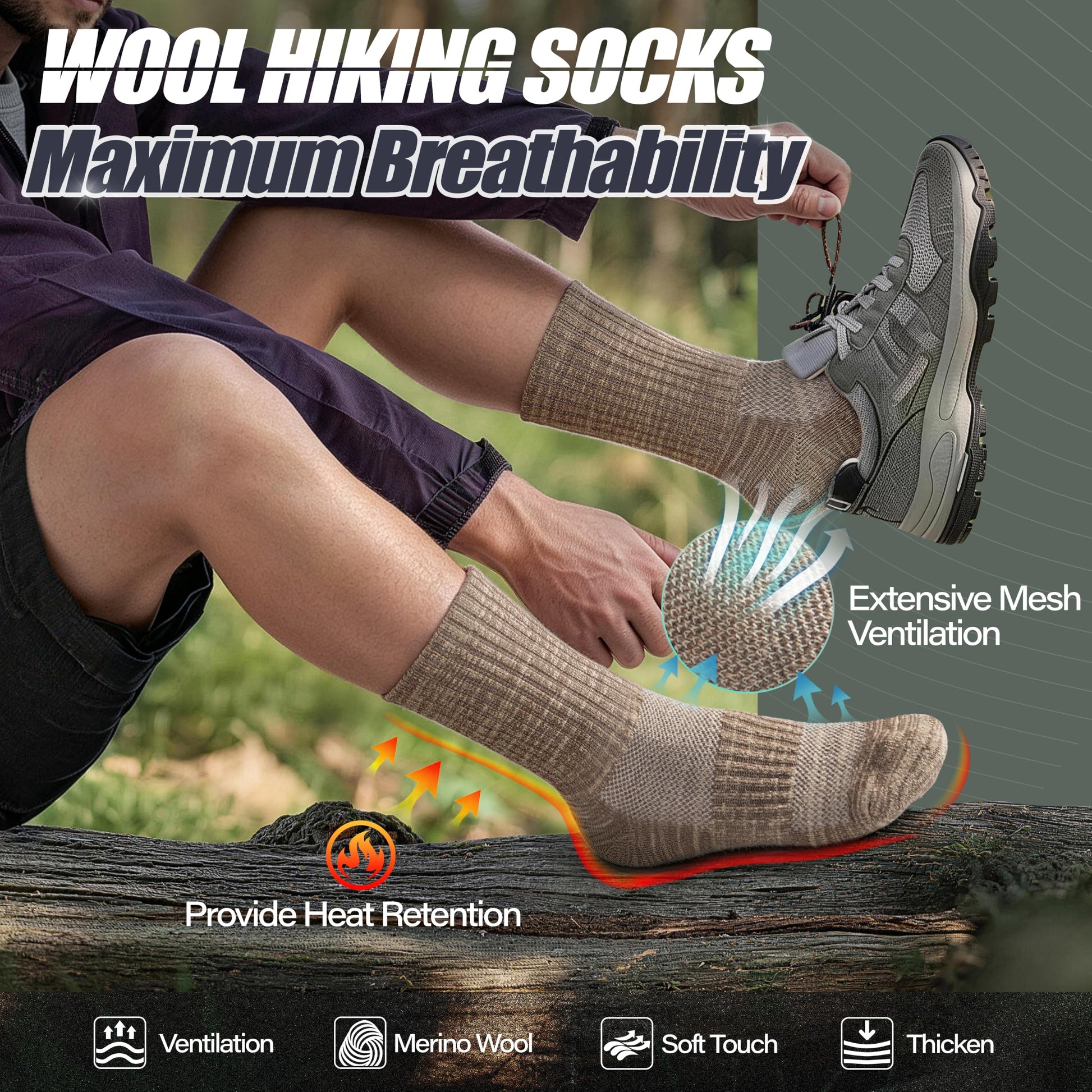 ANTSANG Merino Wool Hiking Socks, Maximum Breathability, for Men and Women