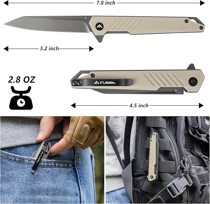 FLISSA Folding Knife, Pocket Knife with D2 Steel Blade, G10 Handle, Pocket Clip, Lightweight for Tactical, Camping, Hiking, Hunting, EDC, Daily Use, Outdoor Activities(Brown)