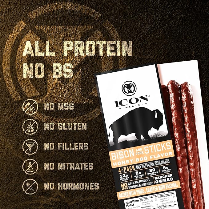 ICON Meats Bison and Pork Snack Sticks - Honey BBQ Flavor - 6 Packs Per Box, 4 Sticks Per Pack, All Natural Jerky Meat Sticks, USDA Approved, Diet Friendly, High Protein, Low Calorie, Low Sugar