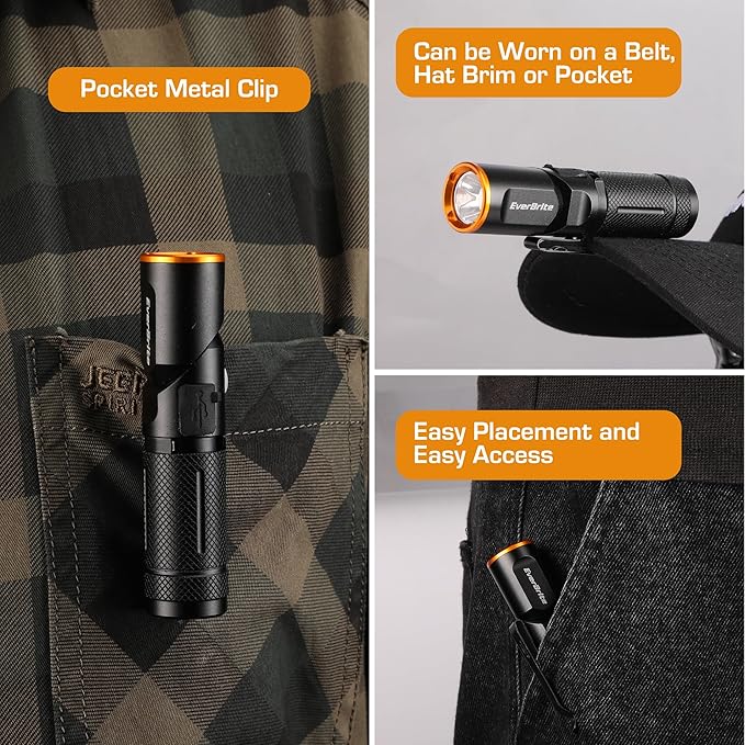 EverBrite 600 Lumens Pocket Flashlight, 90 Degree Tactical Pen Light with Magnet, Type-C Rechargeable with 3 Modes for Night Working, Outdoor, Camping, Emergency