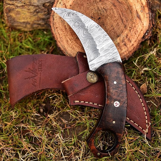 Crafted Folding Design Damascus steal Hunting Knife - Fixed Blade knife Rosewood Handle with Leather Sheath - Ideal for Skinning Camping Outdoors