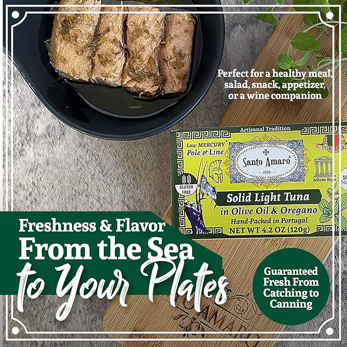 Santo Amaro - Artisanal Wild Tuna Fillets in Olive Oil & Oregano, Pole & Line Caught Tuna from Portugal, Hand-Packed Athens-Style Canned Tuna Fish, 22g Protein, Paleo, Keto, Low Mercury, Pack of 3