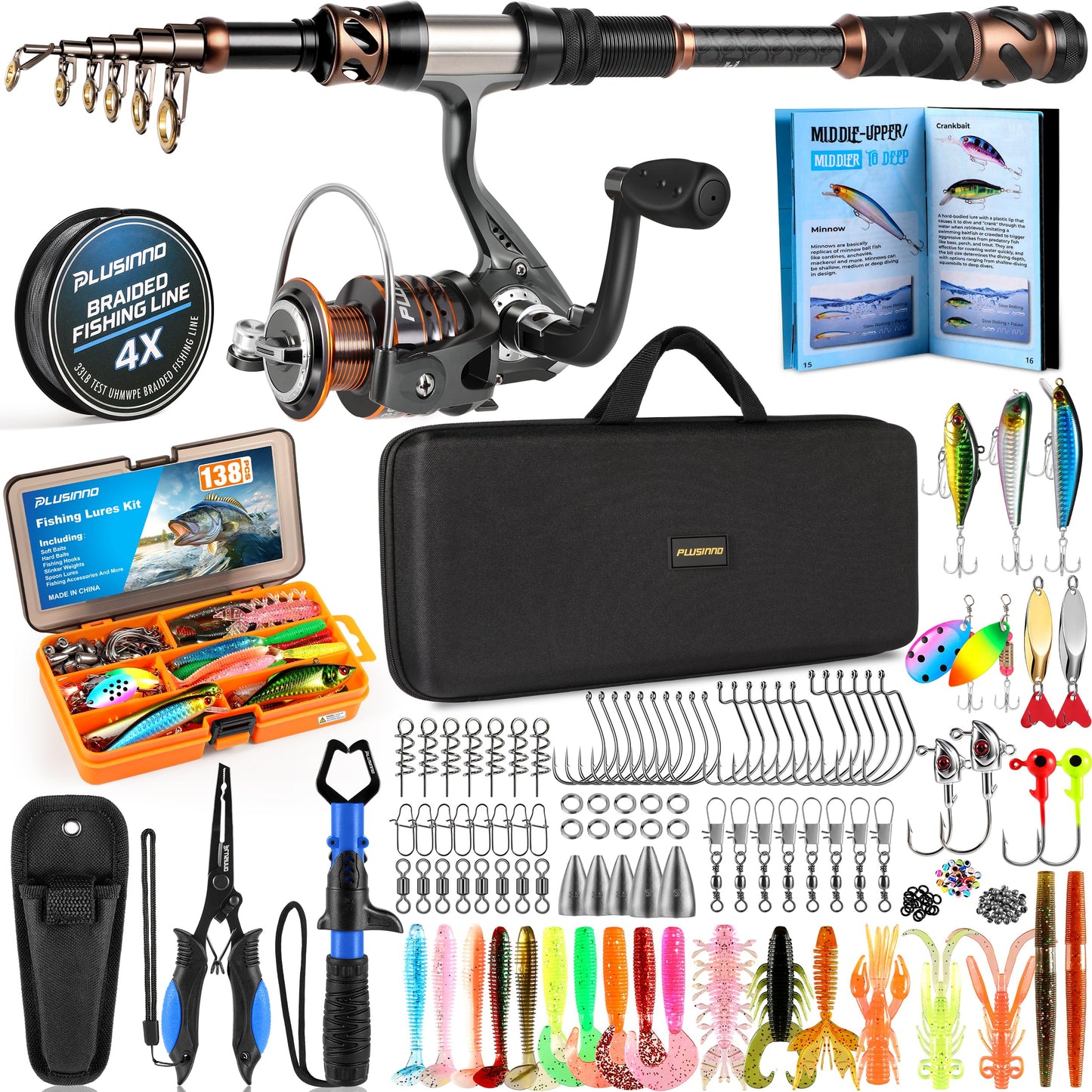 PLUSINNO Fishing Rod and Reel Combo with Telescopic Fishing Pole, Portable Travel Fishing Rods Kit