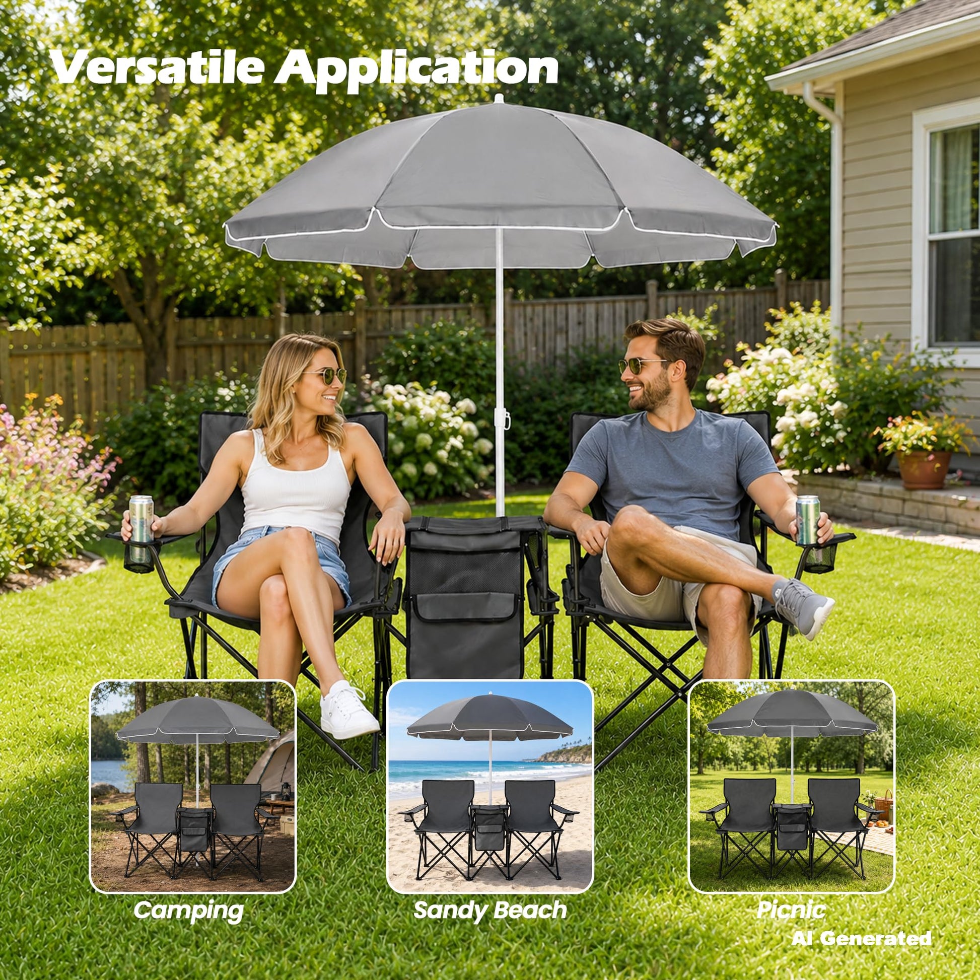 DOALBUN Folding Double Camping Chair with Umbrella Portable Picnic Chair