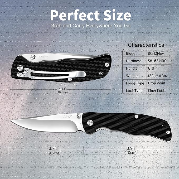 Vickay Pocket Knife for Men, Folding Knife with Clip, 3.74-inch 8Cr13MoV Steel Blade, G10 Handle EDC Knife for Outdoor Camping, Tactical, Hunting and Fishing Gift (Black)