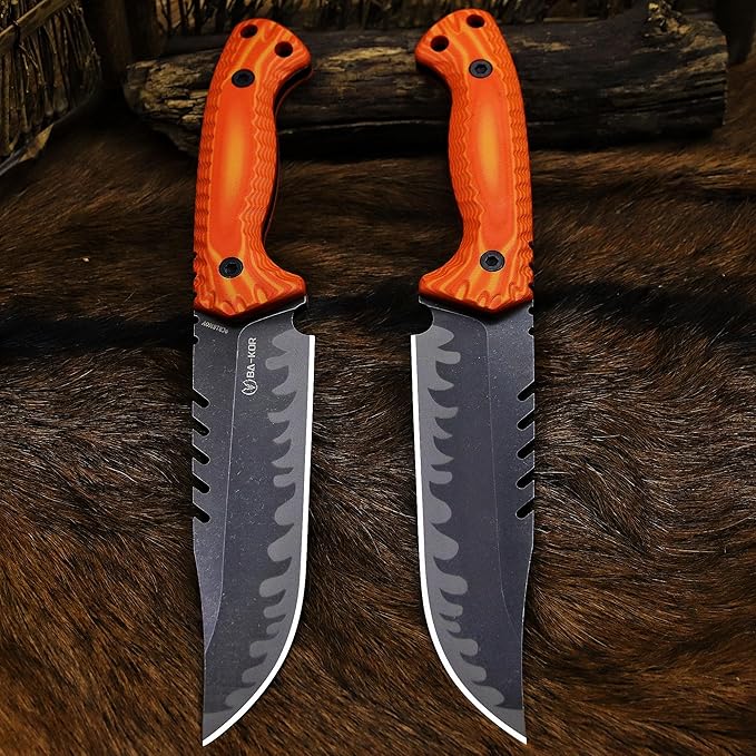 BA-KOR 12.4in Full Tang Fixed Blade Hunting Knife ??6mm 9CR18MoV Steel, G10 Handle, Stonewashed Sawback Blade with Kydex Sheath & Fire Starter for Outdoor, Camping, Survival (Orange with light yellow stripes)