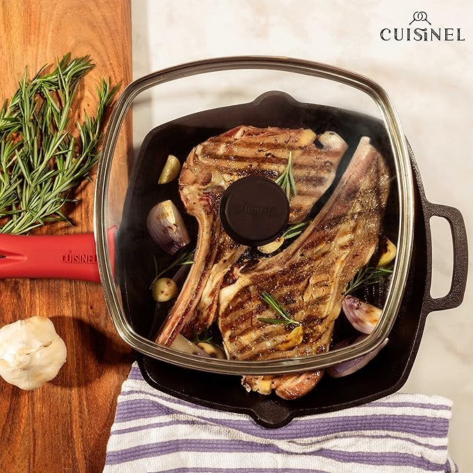 Cuisinel Cast Iron Grill Pan + Rectangular Cast Iron Grill Press + Tempered Glass Lid + Pan Scraper ??Pre-Seasoned Ribbed Skillet ??10.5"-Inch Square Grilling Indoor/Outdoor Camping Fire BBQ Cookware