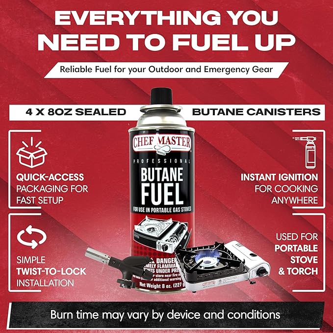 Chef Master 4x 8oz Butane Fuel Canister - Butane Refill for Kitchen Torch & Camp Stove - Gas Canister for Picnics, Outdoor Cooking, Grilling - Camping Stove, Torch Fuel Camping Essentials - 90340