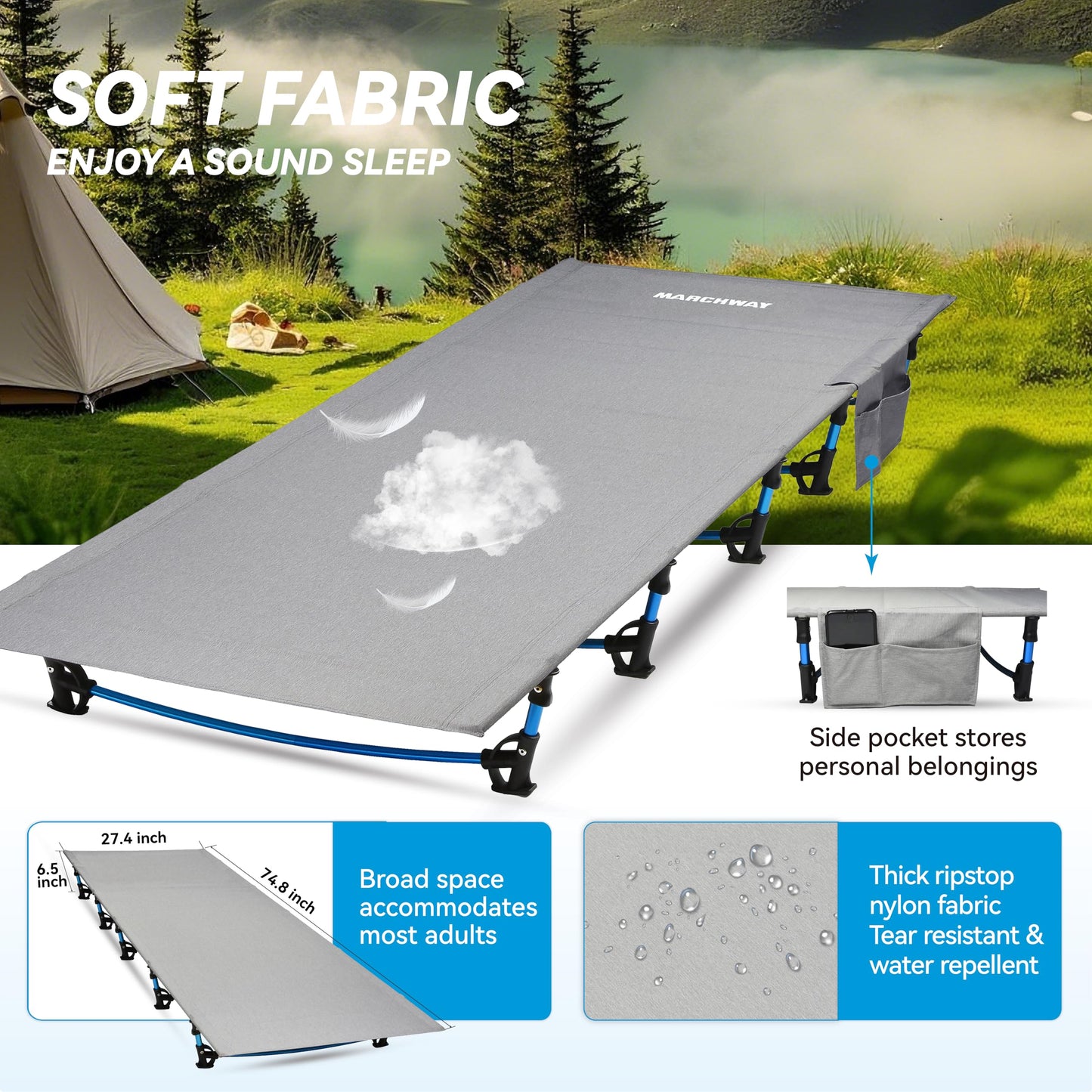 MARCHWAY Ultralight Folding Tent Camping Cot Bed, Portable Compact for Outdoor Travel, Base Camp