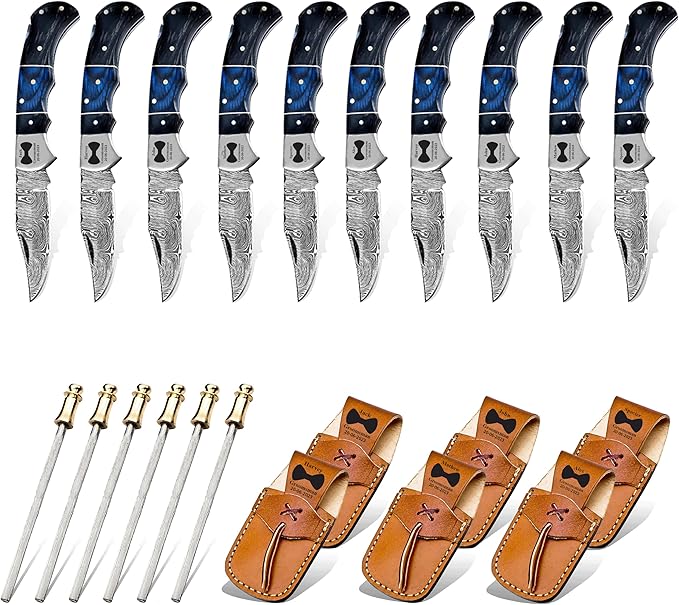 Set of 10 - Personalized Damascus Pocket Knife for Groomsmen -With Leather Sheaths - Custom Engraved Pocket Knives | Groomsman Gifts for Wedding, Groomsmen Proposal Gifts