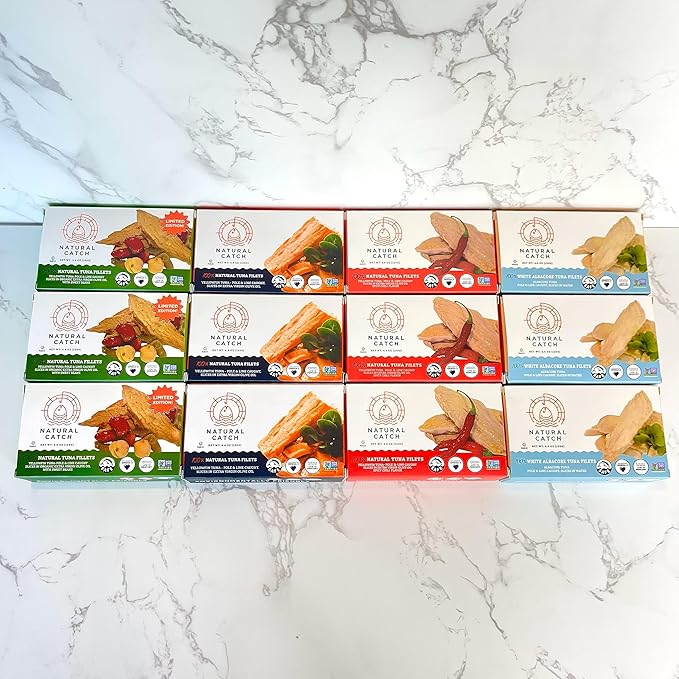 Natural Catch Tuna Filets Variety Pack, Hand Cut, Pole & Line Caught, 130 Calories Gluten-Free, Paleo, Keto Friendly, Premium Yellowfin & Albacore Tuna in Extra Virgin Olive Oil (4.4 oz per can- Pack of 12) (Variety)