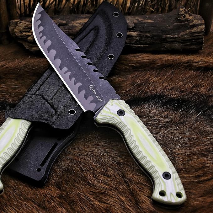 BA-KOR 12.4in Full Tang Fixed Blade Hunting Knife ??6mm 9CR18MoV Steel, G10 Handle, Stonewashed Sawback Blade with Kydex Sheath & Fire Starter for Outdoor, Camping, Survival (White with light green stripes)