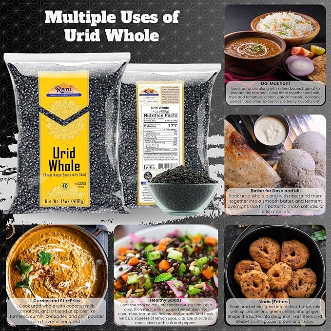 Rani Urid/Urad Whole Black (Matpe Beans with Skin) Indian Lentils 14oz (400g) ~ All Natural | Gluten Friendly | Non-GMO | Kosher | Vegan | Indian Origin