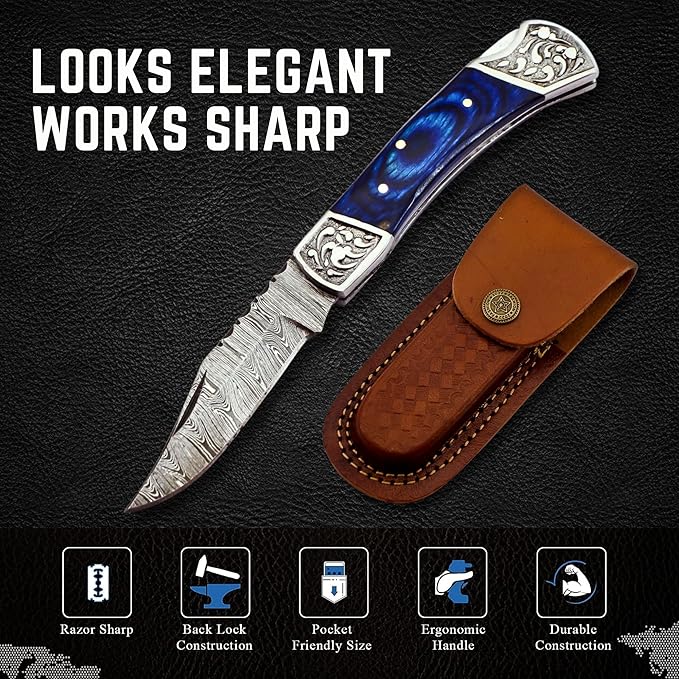 Handmade Damascus Pocket Knife for Men - 7.2 Inches Engraved Steel Damascus Folding Pocket Knife with Belt Holster - Pocket Knives & Folding Knives with Sheath & Back Lock - EDC Knife Pocket.(Blue)