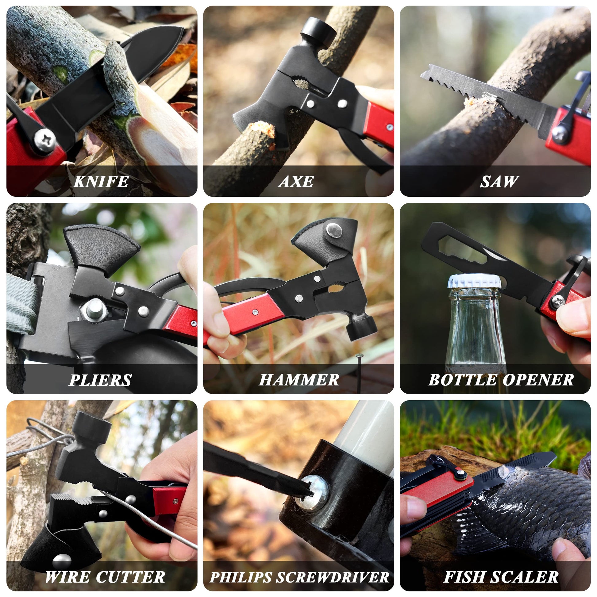 RoverTac 14-in-1 Multitool Camping Axe Hatchet – Essential Camping Gear with Knife, Hammer, Saw
