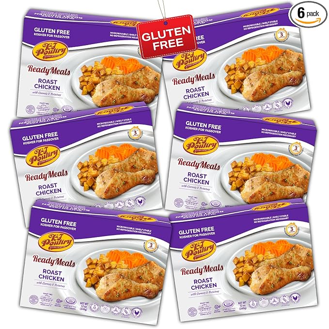 KJ Poultry Kosher for Passover Gluten Free Meals, Roast Chicken with Potato & Carrots, Halal, (6 Pack) Prepared Entree Fully Cooked, Shelf Stable Microwave Dinner, Travel Military Camping