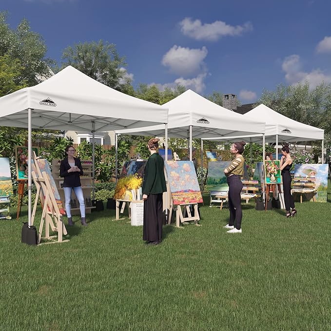 EAGLE PEAK 10x10 Heavy Duty Pop up Commercial Canopy Tent, Instant Marketplace Sun Shelter with Roller Bag and 4 Sandbags, White