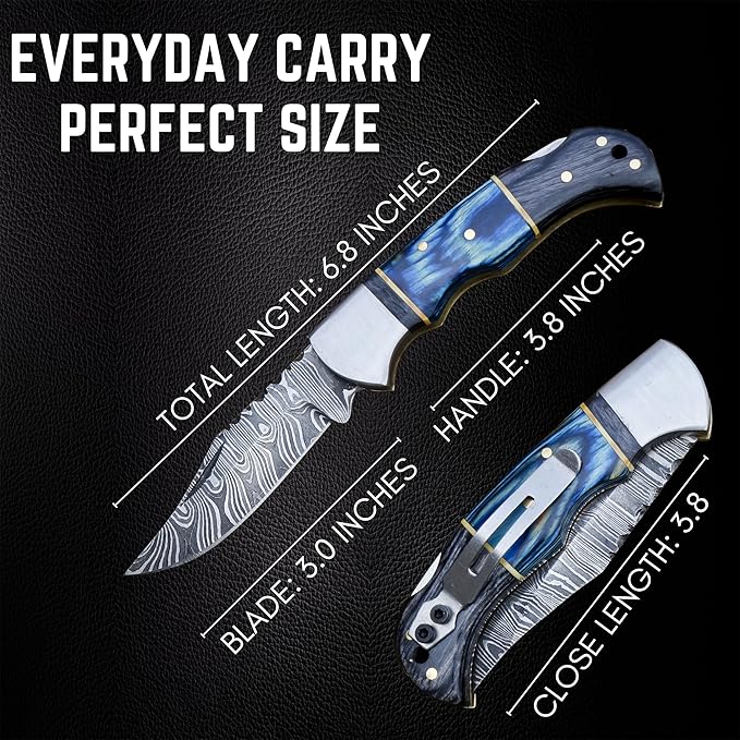 Handmade Damascus Pocket Knife for Men - 6.5 Inches Damascus Folding Pocket Knife with Clip Belt Holster Sheath - Pocket Knives & Folding Knives with Back Lock - EDC Knife Pocket.(Blue with Clip)