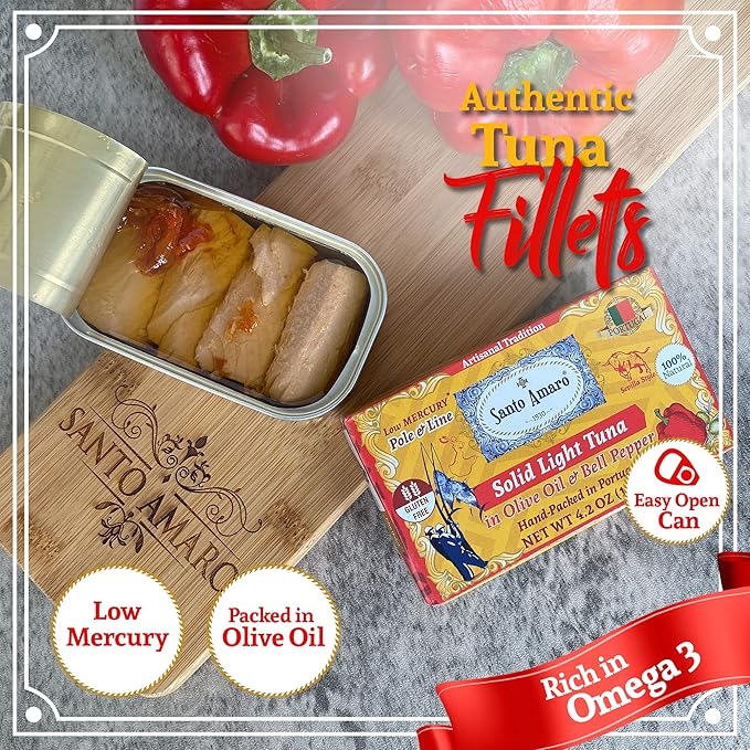 Santo Amaro - Artisanal Wild Tuna Fillets in Olive Oil & Red Bell Pepper, Pole & Line Caught Tuna from Portugal, Hand-Packed Sevilla-Style Canned Tuna Fish, 22g Protein, Keto, Low Mercury, Pack of 6