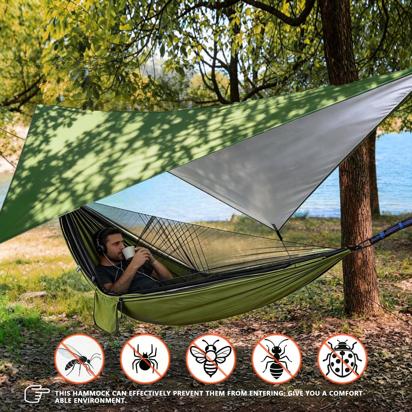 Ovyuzhen Camping Hammock with Rain Fly Tarp Mosquito Net Heavy Duty Tree Straps Portable Double