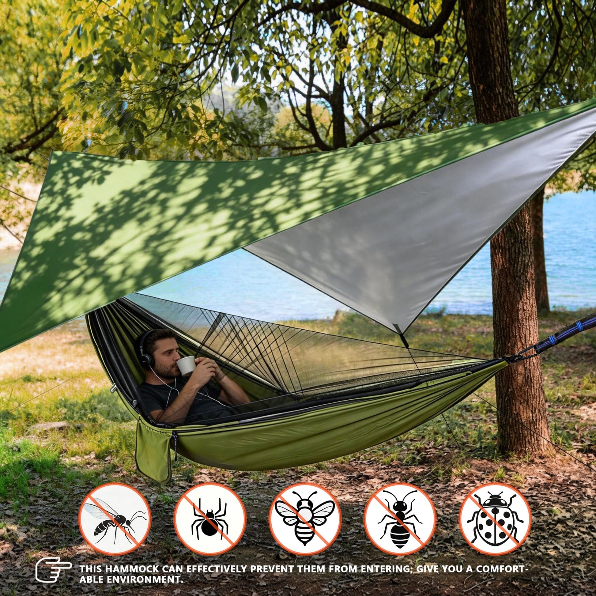 Ovyuzhen Camping Hammock with Rain Fly Tarp Mosquito Net Heavy Duty Tree Straps Portable Double