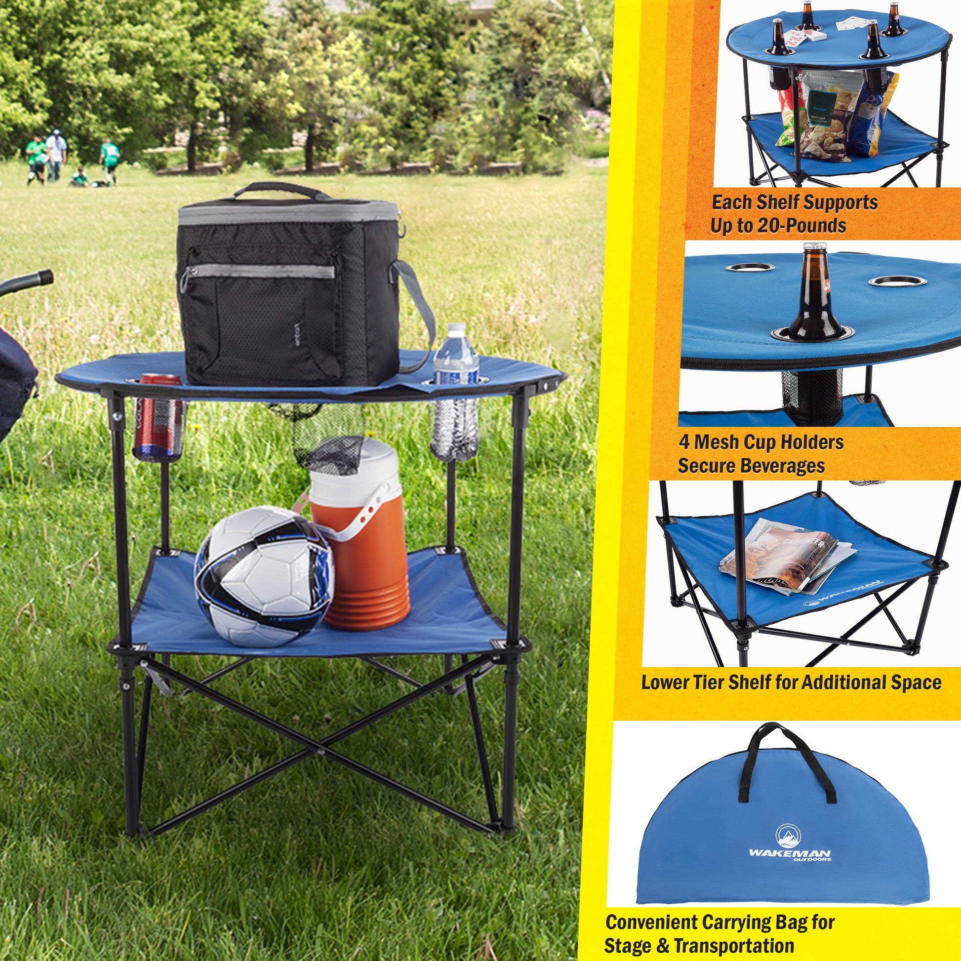 Wakeman Camp Table - Round 2-Tier Folding Table with 4 Cupholders and Carrying Bag - for Camping
