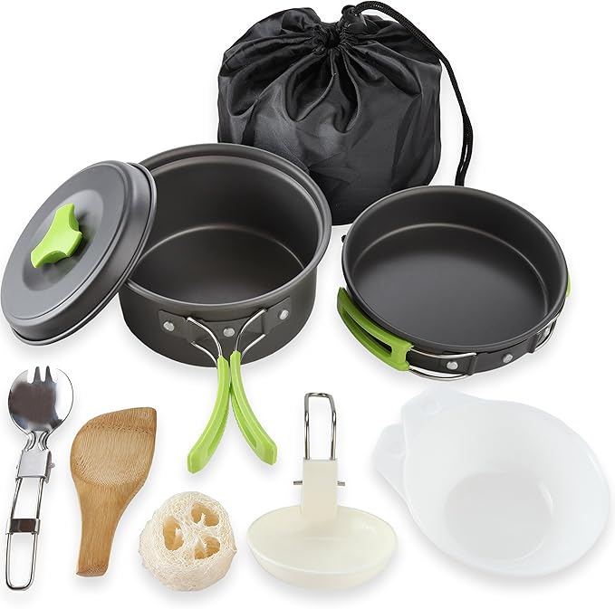 MalloMe Camping Cookware Mess Kit for Backpacking Gear ??Camping Cooking Set - Camping Pots and Pans Set - Backpacking Stove/Portable Stove Compatible - Camp Kitchen Equipment Accessories Pot