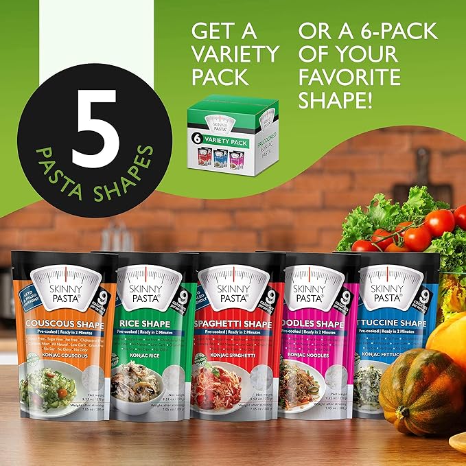SKINNY PASTA Variety Pack - Healthy Konjac Shirataki Noodles, Low Carb Keto Pasta, Gluten Free, 6 Pack