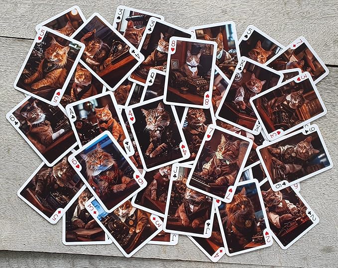Steampunk Cats Playing Cards (Poker Deck 54 Cards All Different) Cats Working in Steampunk Office in Dieselpunk Machinery SciFi Posters
