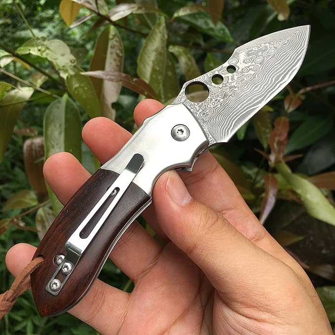 ALBATROSS Premium Damascus Steel Folding Pocket Knife with Liner Lock - EDC Knife with Sandalwood Handle - Perfect for Outdoor, Hunting, Survival & Gift Collection - HGDK007