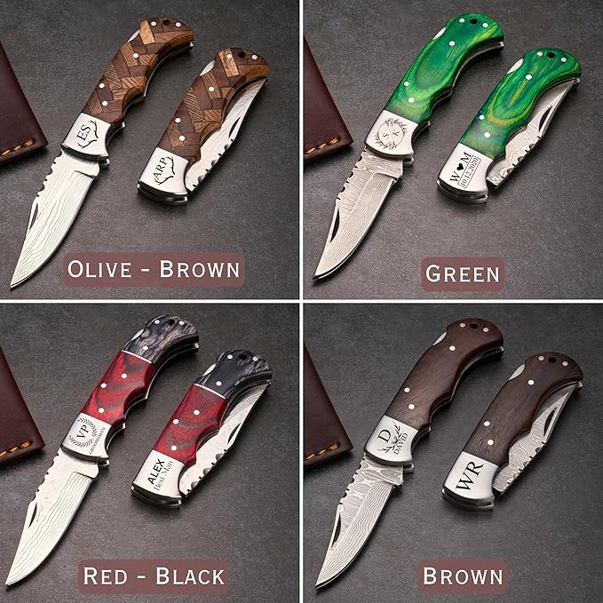Personalized Folding Knife, Damascus Brown Pocket Knife, Custom Gift for Grandpa, Uncle, Brother, Dad, Husband, Boyfriend, Groomsman, Hunting, Father’s Day, Birthday, Anniversary, Christmas Gift