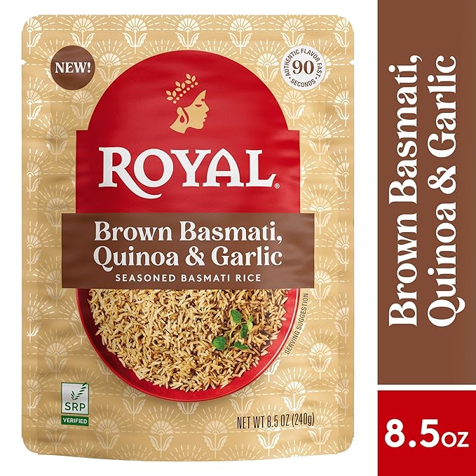 Royal Basmati Brown Rice with Quinoa and Garlic - Ready to Heat Basmati Rice - (6 Pack) 8.5 oz Microwaveable Pouch