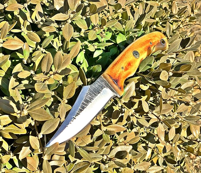 Titan International Knives Handmade Carbon 1080 Steel | Fixed Blade Color Coated Hand Pounded Hunting and Skinning Knife | Burnt Bone Handle Perfect for Hunting and Camping with Leather Sheath
