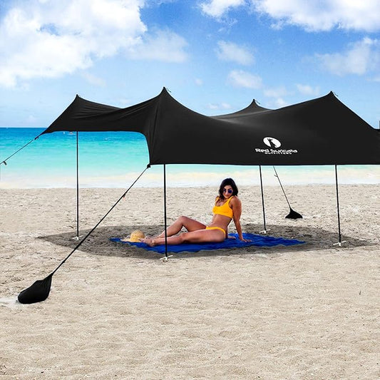 Red Suricata Family Beach Tent & Canopy, UPF50 Sun Shade, 4 Aluminum Poles, Sand Shovel, Large Portable Sun Shelter (Large, Black)