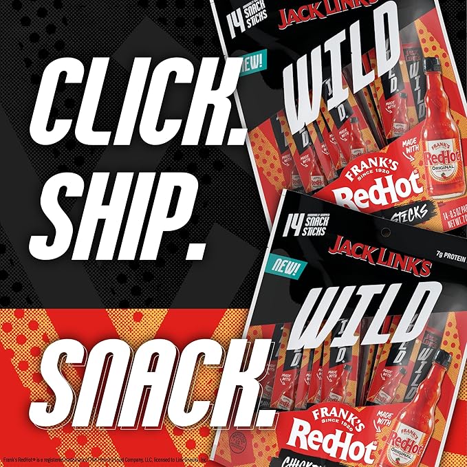 Jack Link's Wild Mini Chicken Sticks Made with Frank's RedHot Flavor – 7g of Protein Snacks, On The Go Snacking, Keto & Paleo Snack, Carnivore Diet Ready, Individually Wrapped – 0.5 Oz. (14 Count)