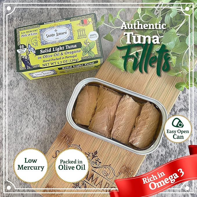 Santo Amaro - Artisanal Wild Tuna Fillets in Olive Oil & Oregano, Pole & Line Caught Tuna from Portugal, Hand-Packed Athens-Style Canned Tuna Fish, 22g Protein, Paleo, Keto, Low Mercury, Pack of 3