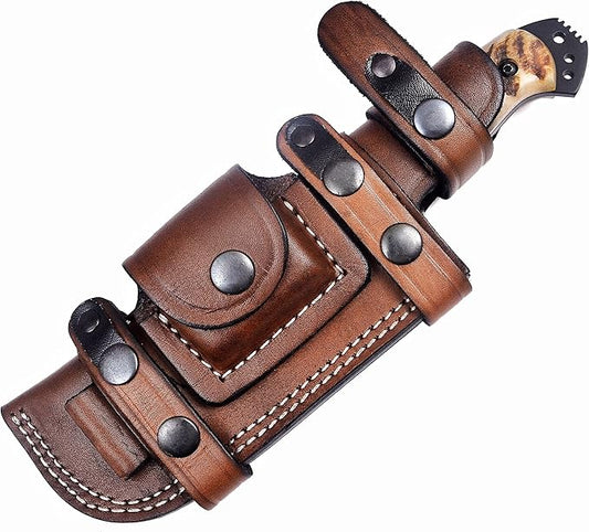 Ottoza Fixed Blade Hunting Knife with Leather Sheath and Horizontal Carry - Full Tang Outdoor Survival and Camping Knife for Men - Ram Horn Handle 353