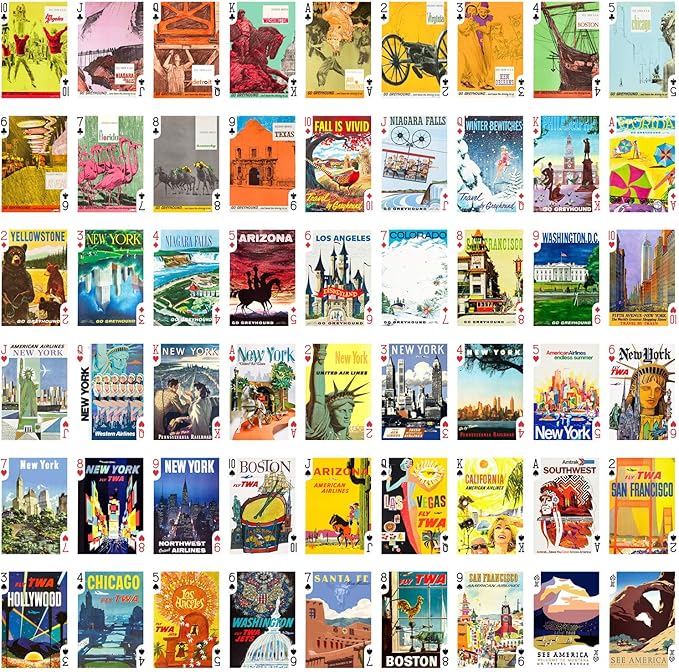 Travel USA Playing Cards (Poker Deck 54 Cards All Different) Vintage USA Airline Railroad Travel Poster