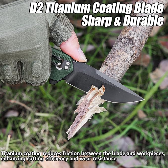 FLISSA Pocket Folding Knife, 3.2??D2 Blade G10 Handle EDC Knife with Button Lock and Pocket Clip for Hunting, Camping, Survival, Outdoor Activities(Green)