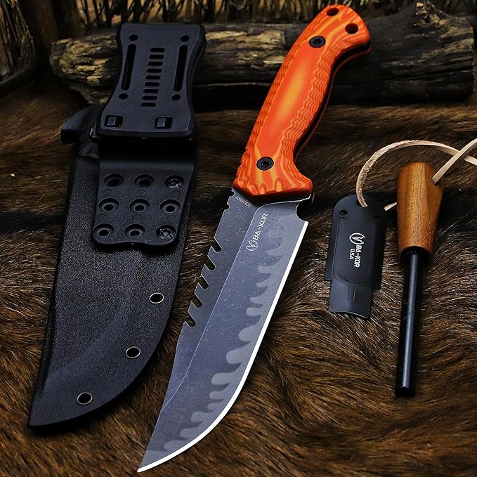 BA-KOR 12.4in Full Tang Fixed Blade Hunting Knife ??6mm 9CR18MoV Steel, G10 Handle, Stonewashed Sawback Blade with Kydex Sheath & Fire Starter for Outdoor, Camping, Survival (Orange with light yellow stripes)