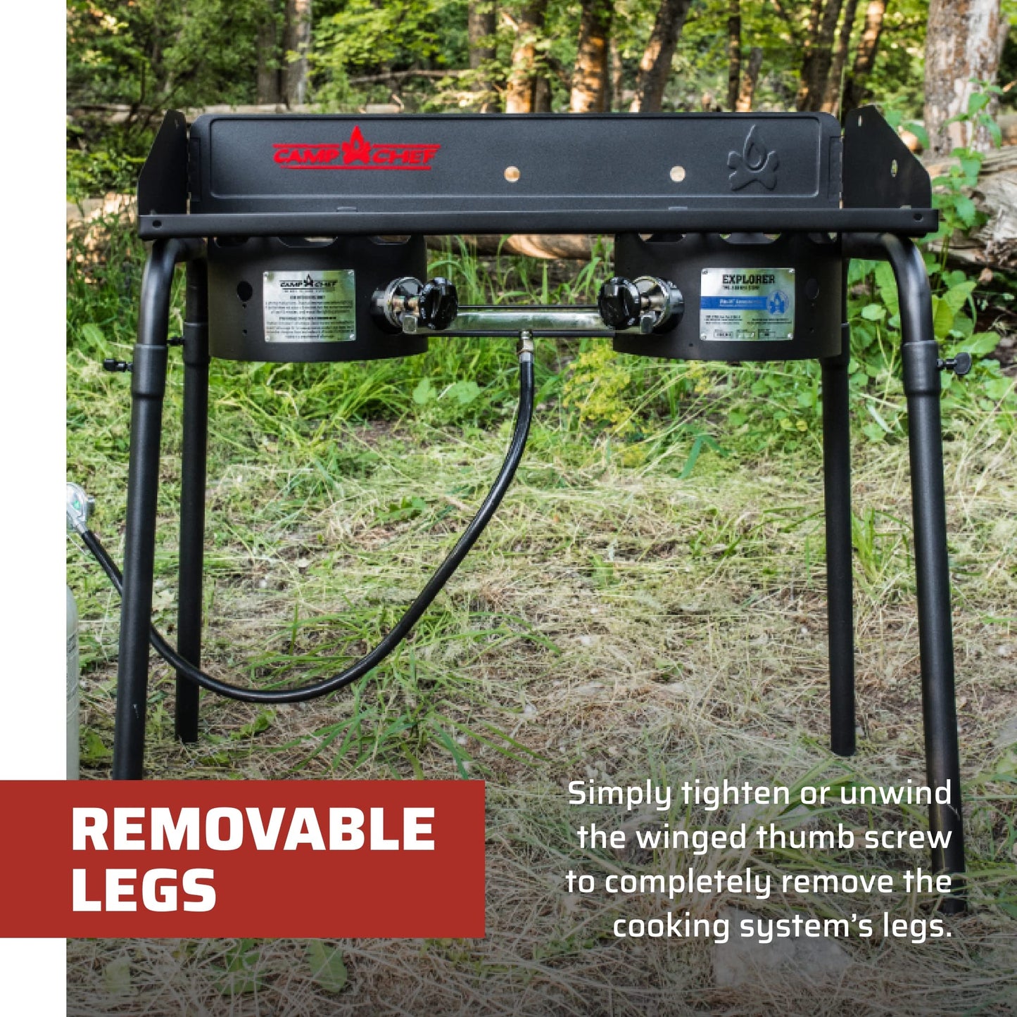 Camp Chef Explorer, Two Burner Stove, Two 30,000 BTU's cast-aluminum burners, Cooking Dimensions: