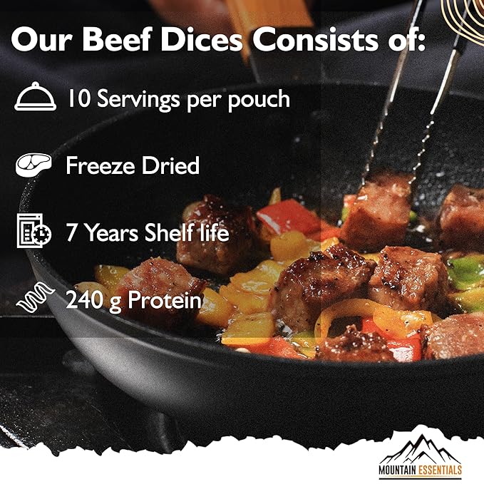 MOUNTAIN ESSENTIALS Freeze-Dried Diced Beef ??Fully Cooked Meat | Pre-Cooked | 240g High Protein Intake | 10 Servings | Ready-to-Eat Meal Prep | Pantry Staples, Daily Meals, Emergency Survival, Camping Food | 7-Year Shelf Life | Made in USA