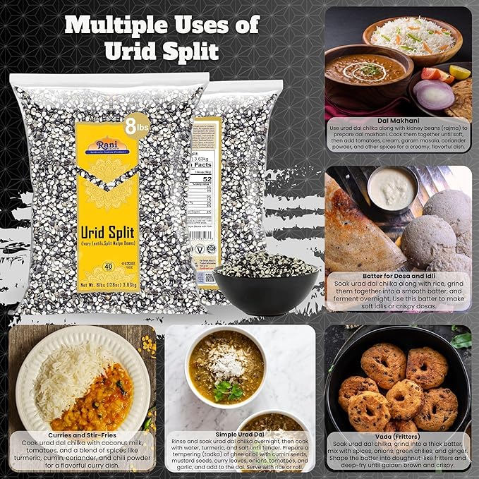 Rani Urid/Urad Split Chilka (Split Matpe Beans with Skin) Indian Lentils 128oz (8lbs) 3.63kg Bulk ~ All Natural | Gluten Friendly | Non-GMO | Kosher | Vegan | Indian Origin