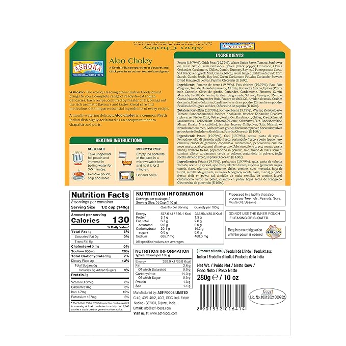 Ashoka Microwavable Meals 1932, Vegan Chickpeas & Potatoes, All-Natural, Kosher Certified, Heat & Serve Meals, Aloo Choley, Real Indian Cuisine, Gluten-Free & with No Preservatives, Pack of 1