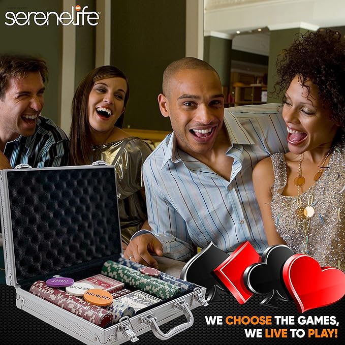 SereneLife Poker Chip Set for Texas Holdem, Blackjack Gambling- 11.5 Gram Casino Chips Set W/Aluminum Case, Playing Cards, Button, Dice- 200 PCS