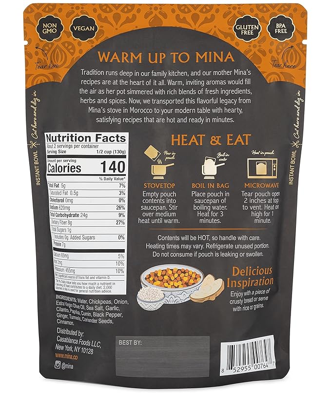 Mina Moroccan Chickpeas, Ready to Eat, Chickpeas High In Plant Based Protein, Vegan, Non-GMO, Gluten Free, Kosher, Microwavable, Packaged Meals & Side Dishes, 10 oz (Pack of 6)